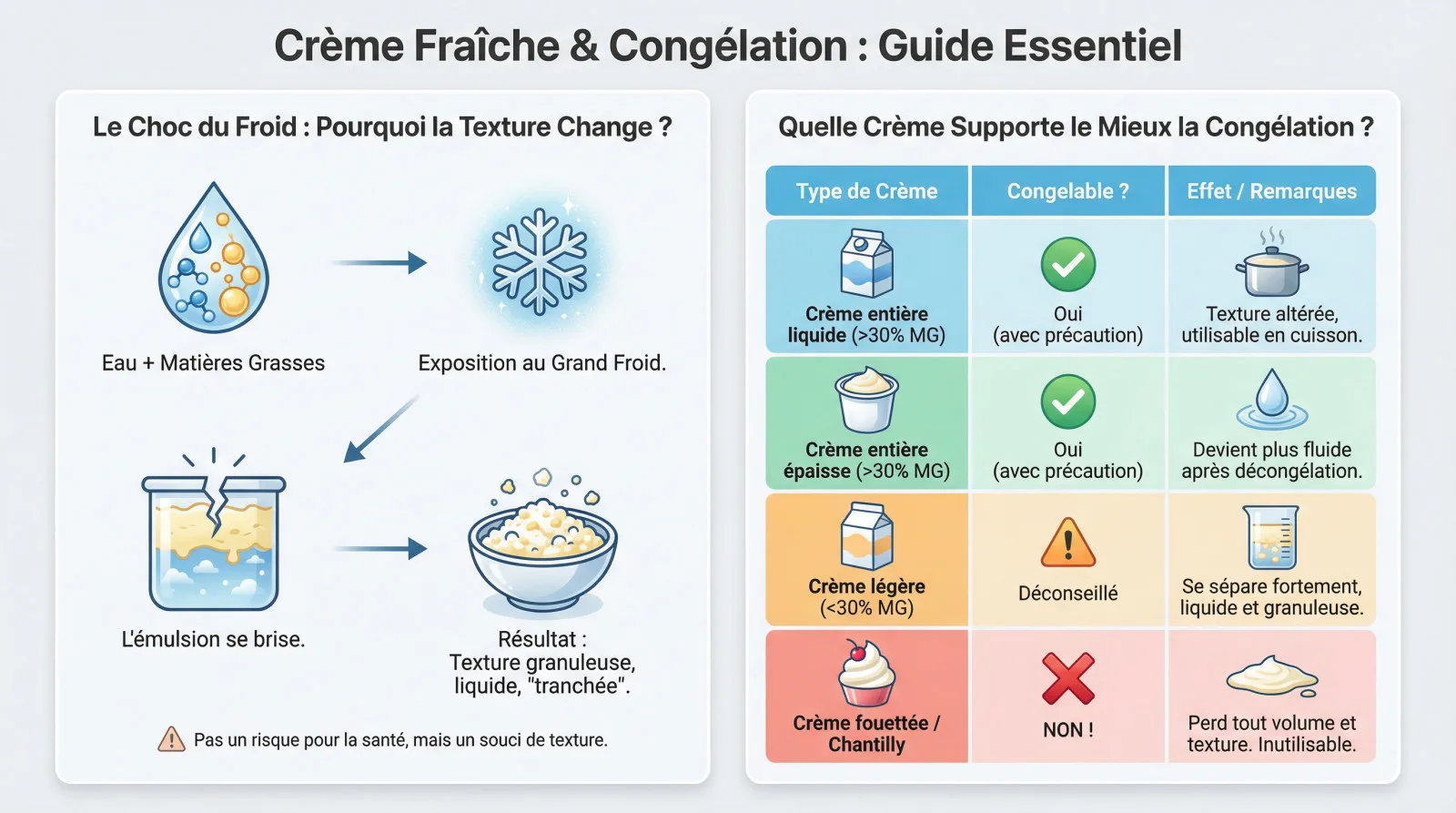 Illustration d'un schéma qui explique le guide de la crème fraîche et texture granuleuse après congélation