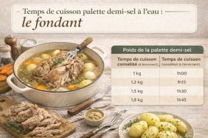 Illustration Temps de cuisson palette demi-sel à l’eau : palette fondante cuite à frémissement dans un bouillon avec légumes, servie bien tendre et juteuse.