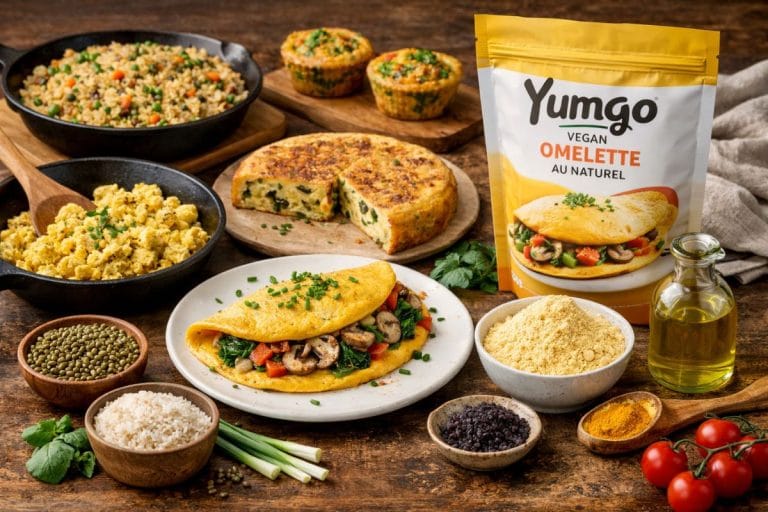 Yumgo omelette sans oeuf garnie de légumes avec préparation végétale en poudre à base de haricot mungo sur table en bois