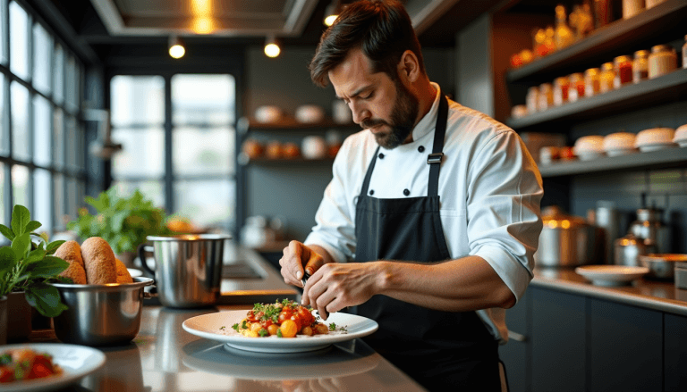 Chef en cuisine dressant une assiette gastronomique avec des ingrédients frais dans une cuisine moderne