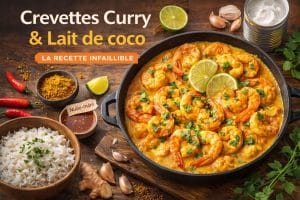 recette de crevettes au curry et lait de coco servie avec riz basmati et coriandre fraîche