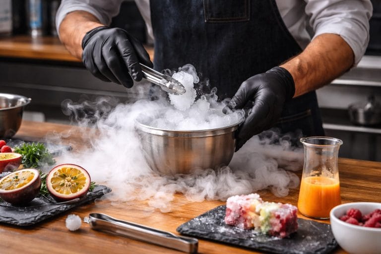 un chef qui cuisine avec de la glace carbonique