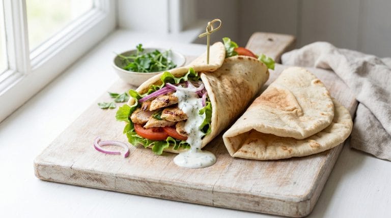 Un wrap de poulet grillé avec salade, tomate, oignon rouge et sauce blanche, posé sur une planche en bois avec des pains pita.