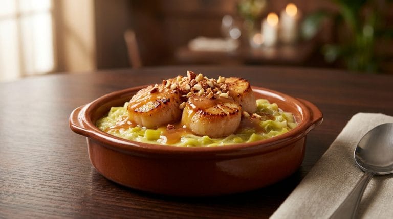 Cassolette de Saint-Jacques poêlées sur lit de poireaux fondants, nappée de sauce et parsemée de noisettes concassées.