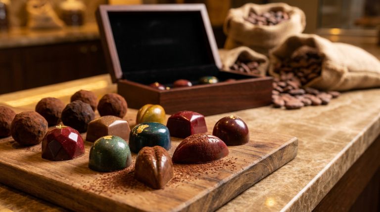 Assortiment de chocolats artisanaux colorés et truffes sur une planche en bois avec des sacs de fèves de cacao.