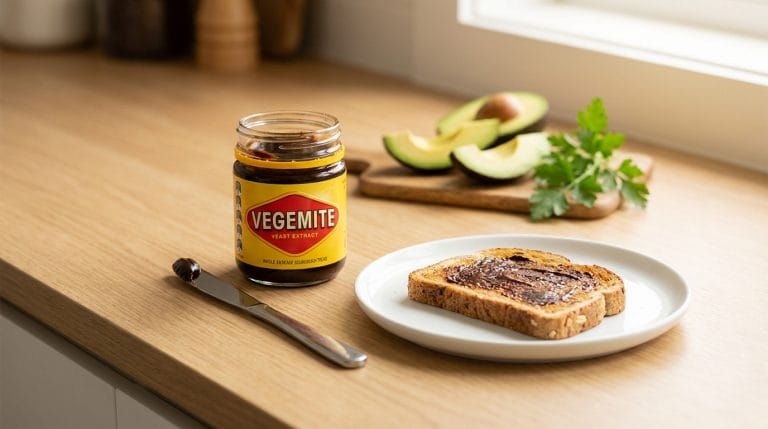 Un pot de Vegemite posé sur une table en bois à côté d'une tartine grillée et d'avocat.