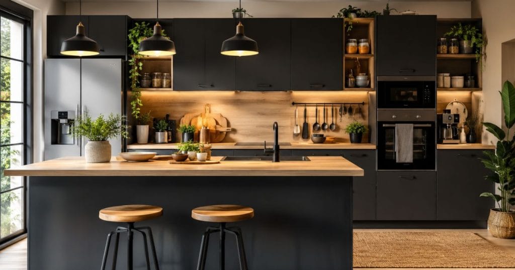 Aménagement d’une cuisine moderne avec îlot central et rangements optimisés