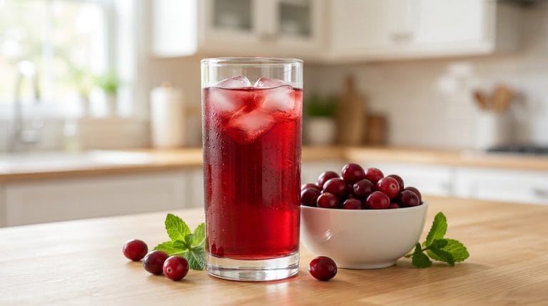 Un grand verre de jus de cranberry glacé accompagné d'un bol de baies fraîches sur une table en bois dans une cuisine.