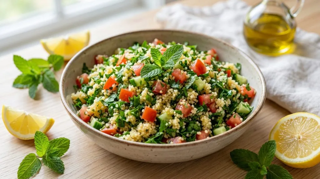 Bol de taboulé frais avec tomates, concombres, menthe et citron sur une table en bois.