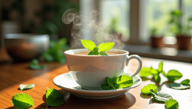 Thé vert à la menthe servi dans une tasse blanche avec feuilles de menthe fraîches, dégageant de la vapeur dans une ambiance lumineuse et chaleureuse.