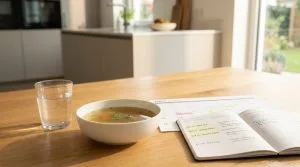 Un bol de bouillon et un verre d'eau sur une table à côté d'un calendrier et d'un carnet de notes ouvert.