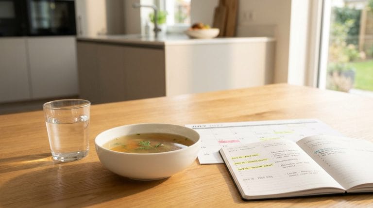 Un bol de bouillon et un verre d'eau sur une table à côté d'un calendrier et d'un carnet de notes ouvert.