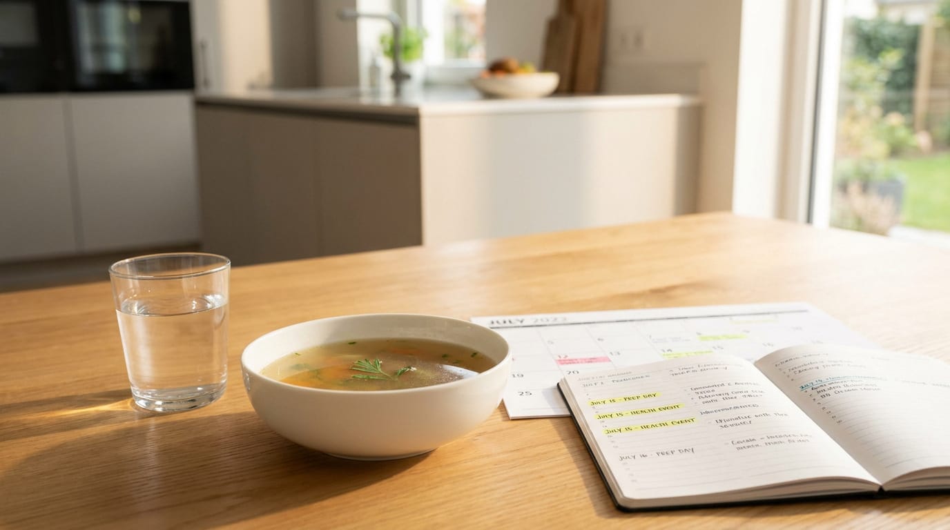Un bol de bouillon et un verre d'eau sur une table à côté d'un calendrier et d'un carnet de notes ouvert.