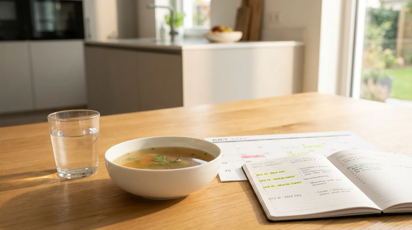 Un bol de bouillon et un verre d'eau sur une table à côté d'un calendrier et d'un carnet de notes ouvert.