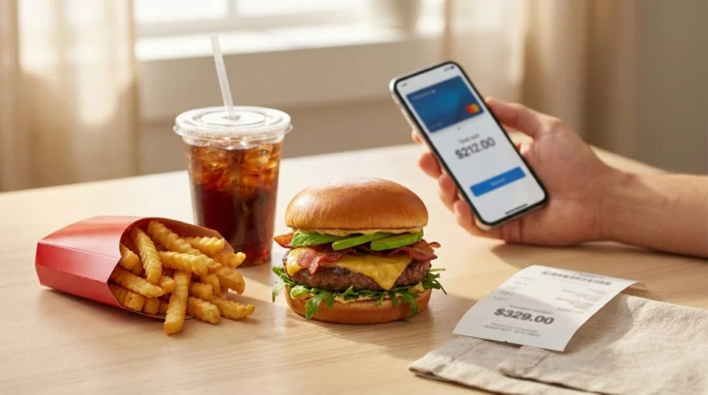 Une personne effectue un paiement sans contact avec son smartphone près d'un burger, de frites et d'une boisson.