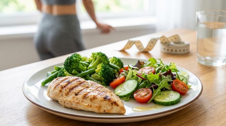 Assiette de poulet grillé, brocolis et salade fraîche avec un ruban à mesurer en arrière-plan.