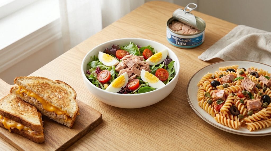 Table en bois avec une salade au thon, des pâtes au thon et un sandwich grillé au fromage et thon.