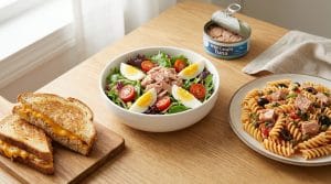 Table en bois avec une salade au thon, des pâtes au thon et un sandwich grillé au fromage et thon.